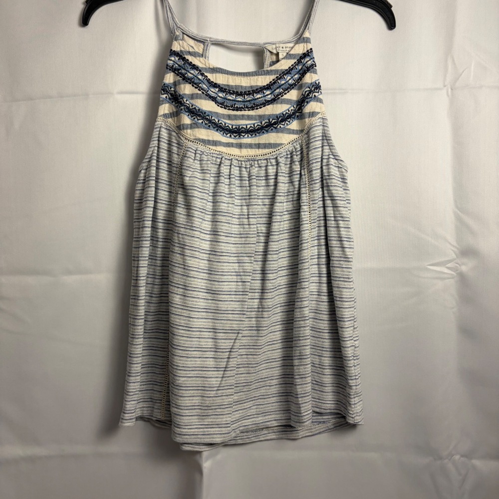 Lucky Brand Blue White Striped Embroidered Halter Tank Top Boho Keyhole Back S